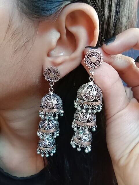 Load image into Gallery viewer, Jhumka Silver 3-layer
