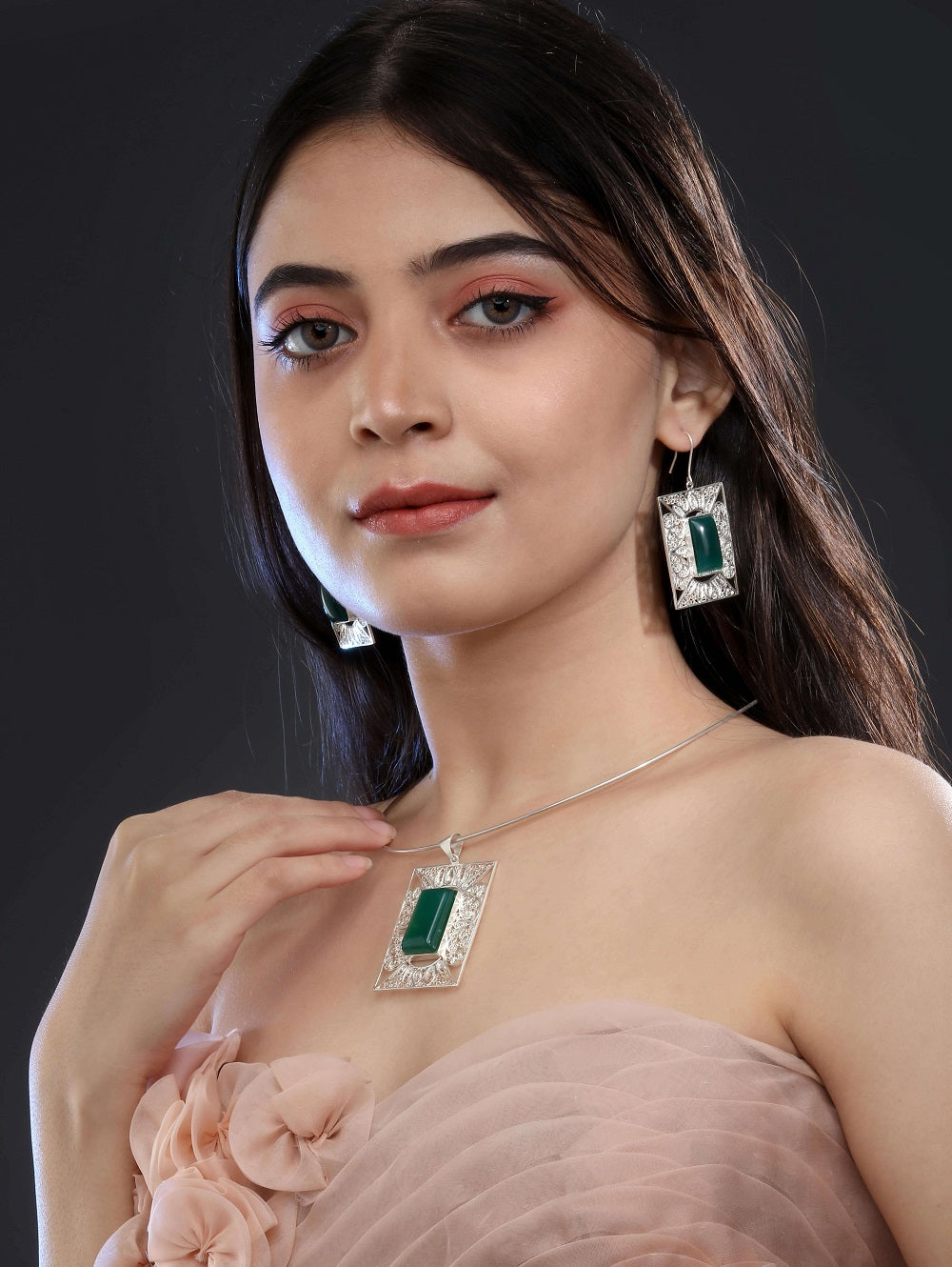 Green Agate Earrings and Pendant Set