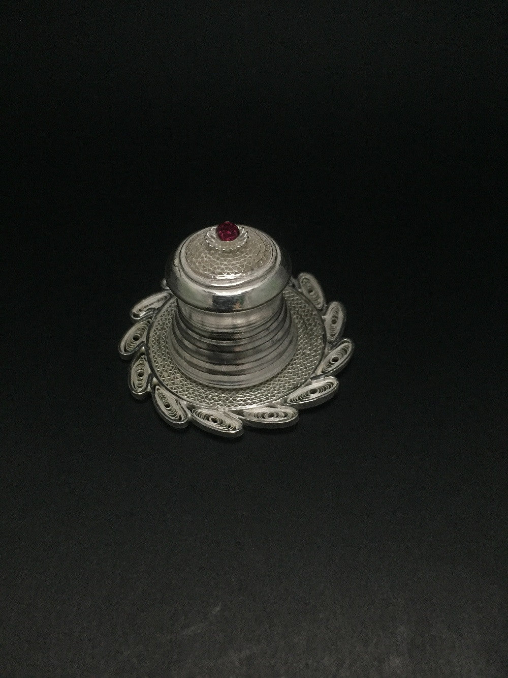 Silver Filigree Stone Sindoor Box