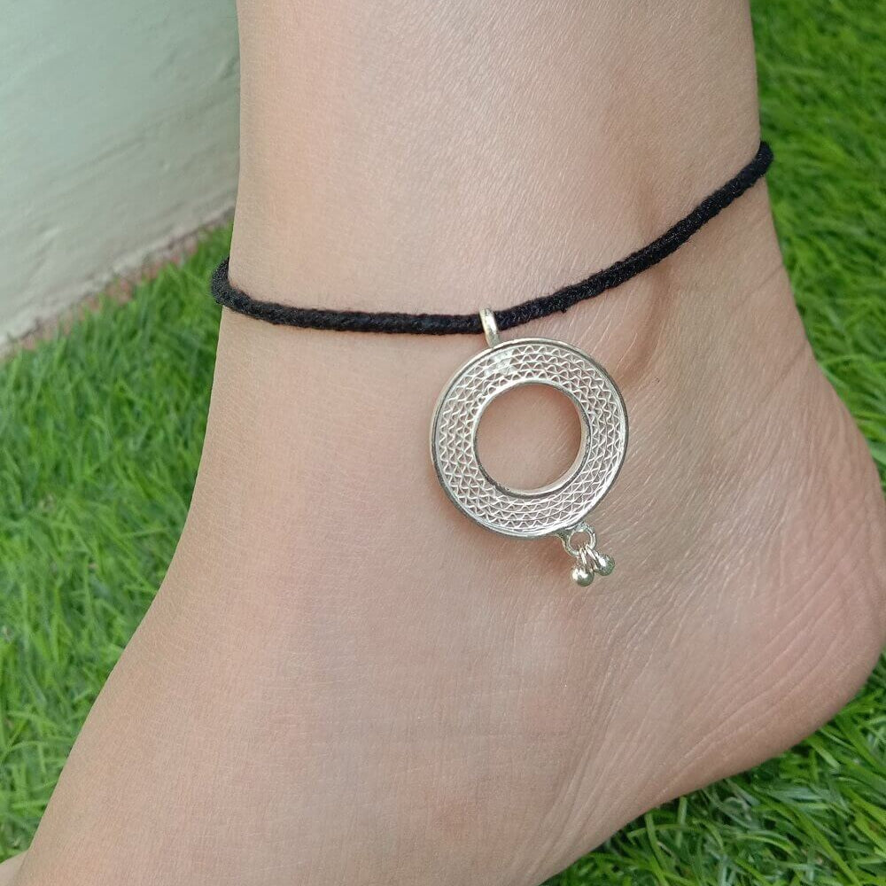 Silver Nazarbattu Black thread Anklet