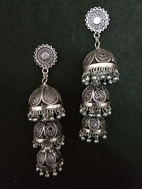 Load image into Gallery viewer, Jhumka Silver 3-layer
