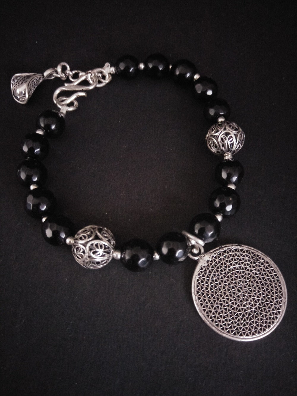 Stylish 925 sterling silver beaded with black onyx stone handmade charm  adjustable bracelet Nazariya charm jewelry for girls sbr181  TRIBAL  ORNAMENTS