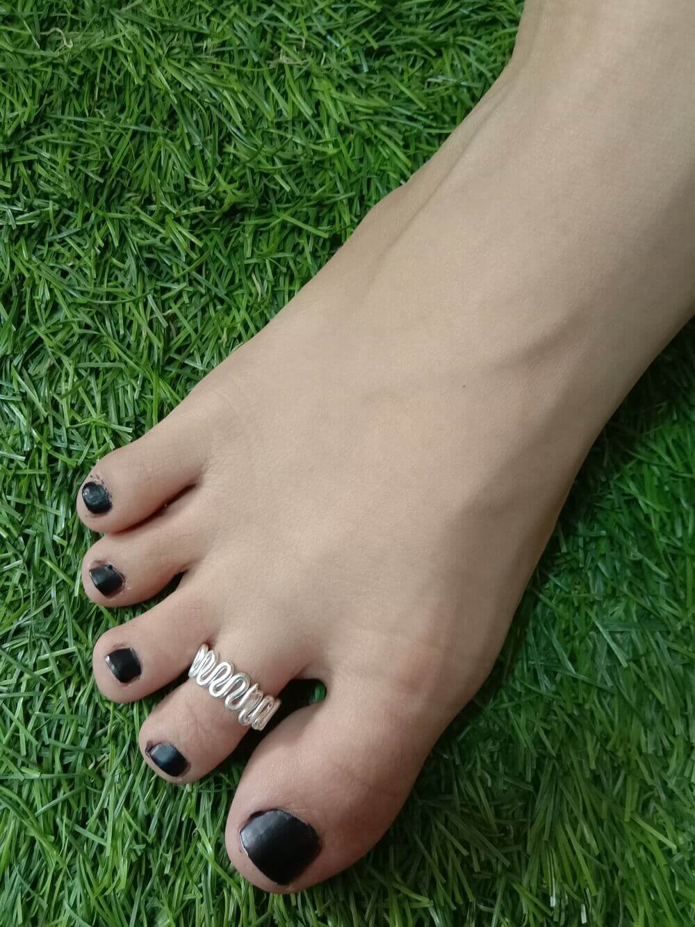Silver painted toe nails with permanent silver toe rings -Nail Art